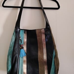 Sharif Elegant Striped Leather Shoulder Bag in Black, Teal, & Green